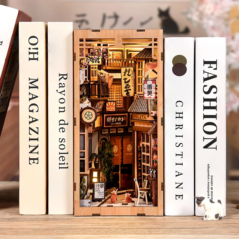 Book Nook Shelf Insert Alley Diy - DIY Holz-Buchnischen-Einsatz-Set im japanischen Stil, Miniaturmodell-Set,