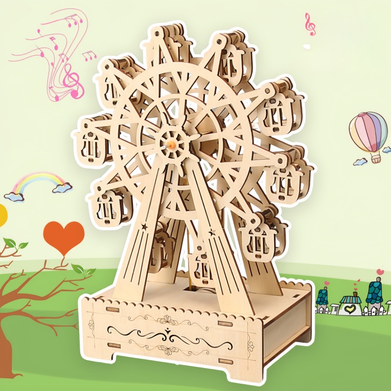 3D Wooden Mechanical Puzzle Marble Run - 3D Holzpuzzle Drehbares Riesenrad Vergnügungspark Musikbox