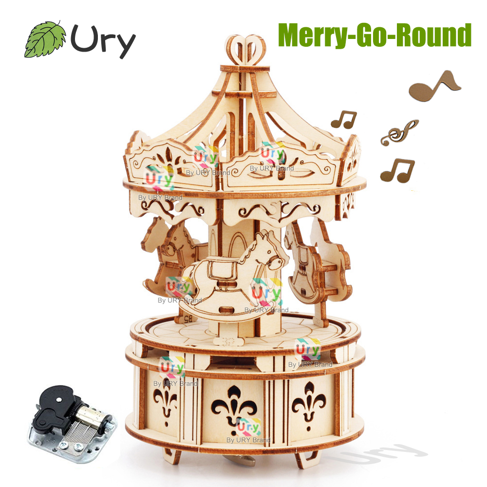 Music Box Wooden 3D Puzzle Rotating - Drehbares DIY 3D-Puzzle Karussell Musikbox Holzmodell