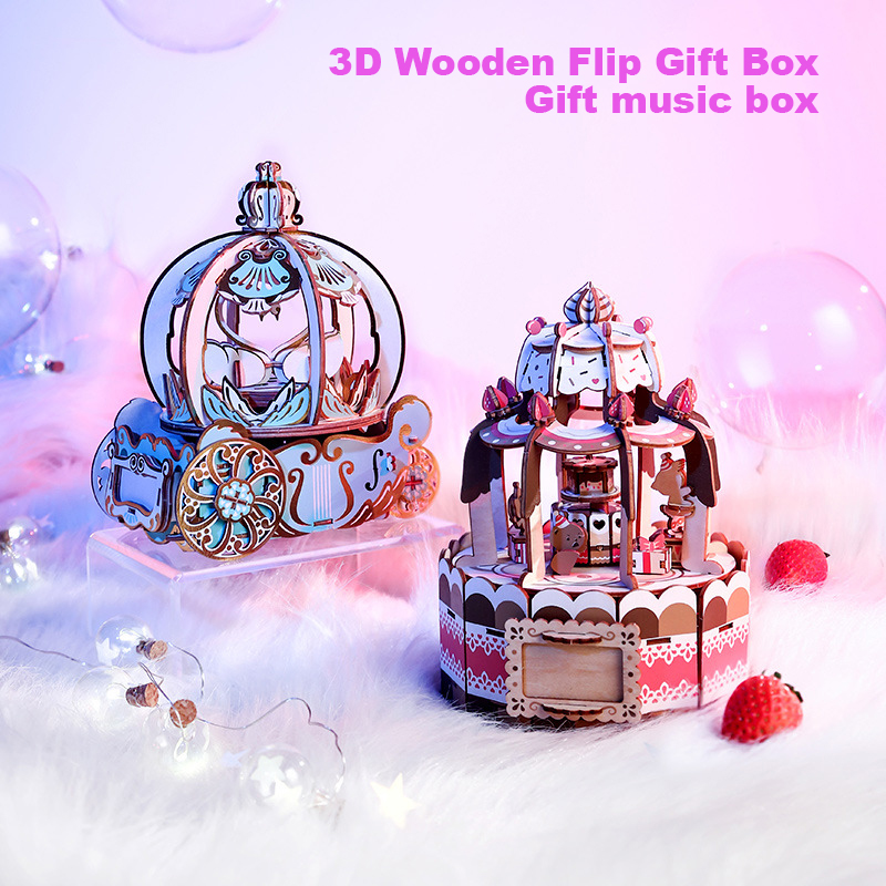 Music Box Wooden 3D Puzzle Rotating - TEAMGREEN Kürbiskutsche 3D Holzpuzzle Spieluhr, Klebefreie