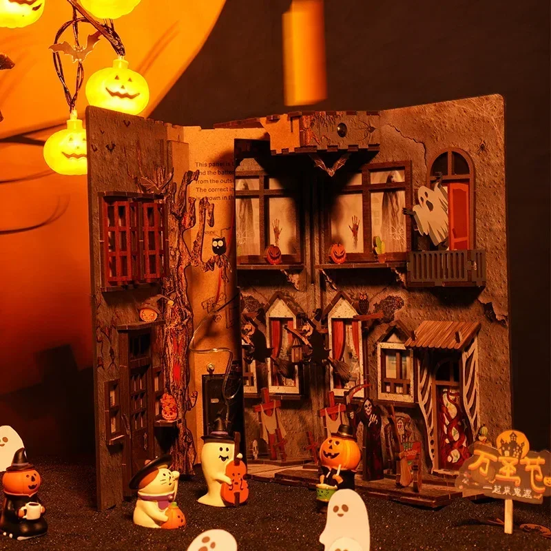 Book Nook Shelf Insert Alley Diy - Neues Holz-DIY-Bücherregal-Miniatur-Set: Halloween Gruselige Gasse Bücherregal-Einsatz,