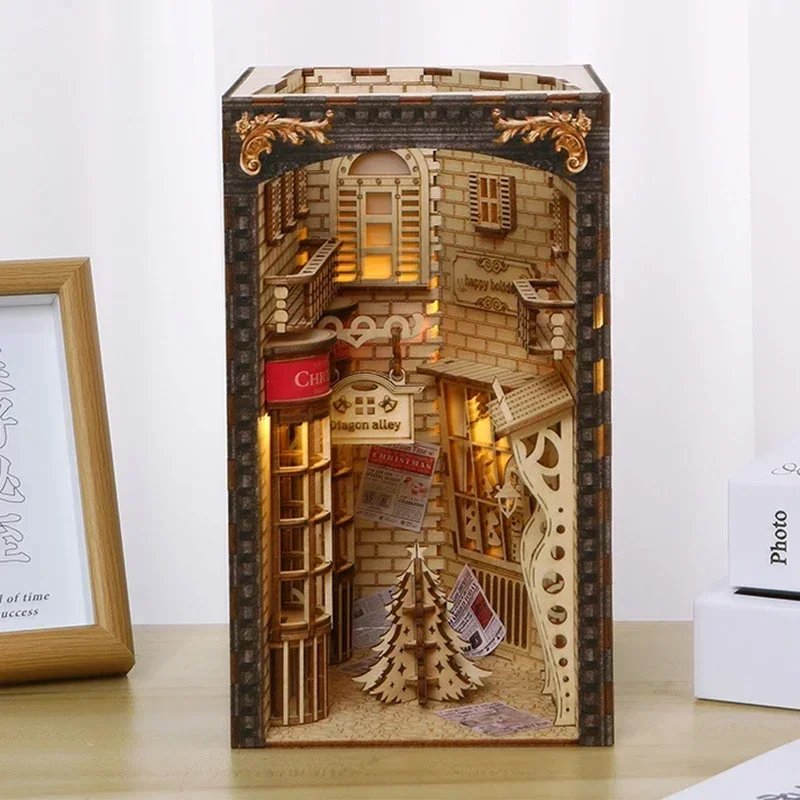 Book Nook Shelf Insert Alley Diy - Neue Kreative DIY Holz-Buchnischen-Einsatz-Sets Miniatur-Bücherregal Weihnachten