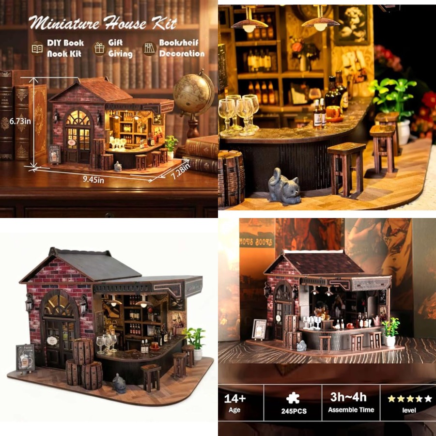 Diy Miniature Dollhouse Kit Book Nook - Bücherregal-Deko-Set, 3D Holz-Miniatur-Taverne und Kneipe Puppenhaus