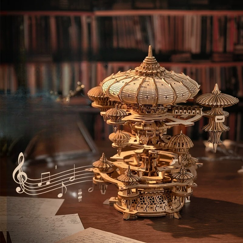 Music Box Wooden 3D Puzzle Rotating - 3D Holz-Schwebestadt Spieluhr DIY Montage-Puzzle Drehbares