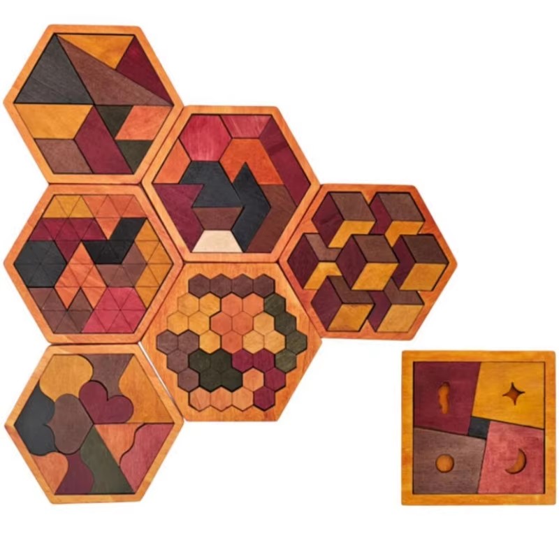 3D Wooden Mechanical Puzzle Marble Run - Holz-Tangram-Puzzle mit sechseckigen Formen, geometrisches Muster,