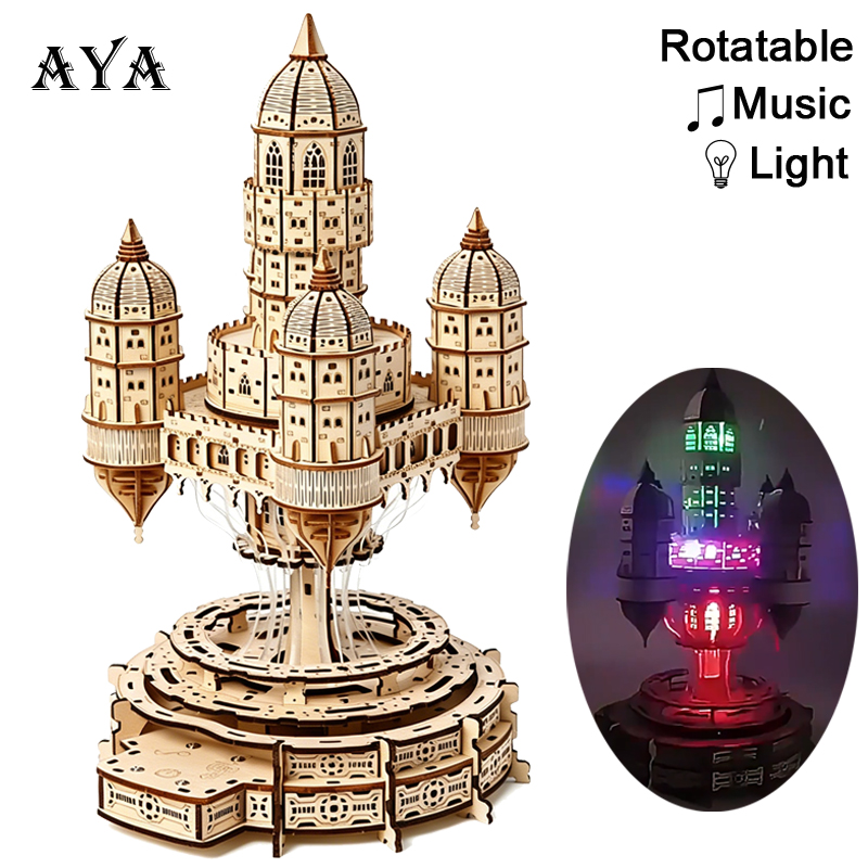 Music Box Wooden 3D Puzzle Rotating - 3D-Holzpuzzle „Stadt im Himmel Schloss“ –