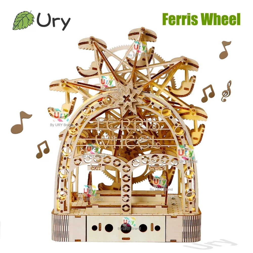 Music Box Wooden 3D Puzzle Rotating - Ury 3D-Holzpuzzles, LED, handbetrieben, drehbar, Riesenrad,